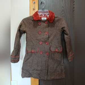 Mini Boden Brown Pea Coat with Red Accents